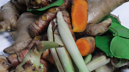 Vibrant Roots Display: A captivating assortment of fresh, natural ingredients, artfully arranged to...