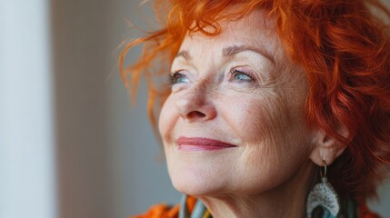 Senior woman with vibrant red hair, smiling softly while gazing out of a window, showcasing warmth and wisdom in a serene indoor environment filled with natural light