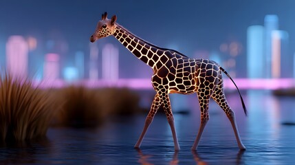 Digital giraffe with glowing spots in a futuristic city