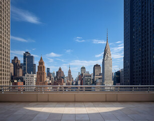 Beautiful, empty rooftop with a view of the New York City skyline on a sunny day, with a white stone floor.	
