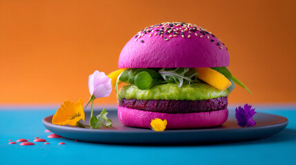 designer unusual burger with purple bun with avocado guacamole with flowers decoration for advertising