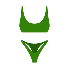 Green two piece swimsuit. Elegant bandeau for swimming and sunbathing on sea and ocean beaches with classic fashionable design