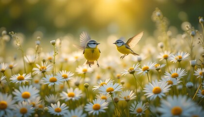 Beautiful Yellow Tit Bird Flying Over White Daisy Field &ndash; Summer Evening Scene with Wings Spread Wide and Feathers Glowing in Golden Sunlight