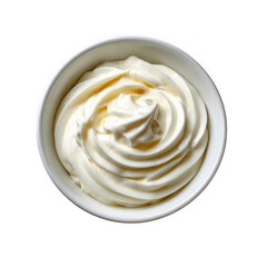 Bowl of creamy white topping swirls on transparent background