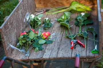A rustic scene with freshly cut flowers and various gardening tools on a beautifully textured...