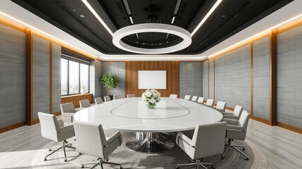 Conference Room with Sleek Design, Featuring an Oval Table, White Board, and Natural Light Creating a Professional Workspace