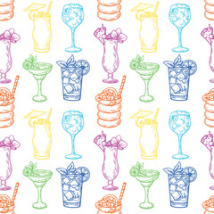 Seamless pattern with hand-drawn cocktail drinks in vintage engraving style on a white background