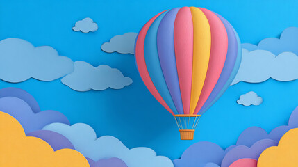 Fototapeta premium Hotair baloon romantic festival 3d vector illustration. Round bright sky travel aerostat. Gas inflated striped flight air balloon rising up. Cartoon dreamy adventure concept. Red blue yellow airship