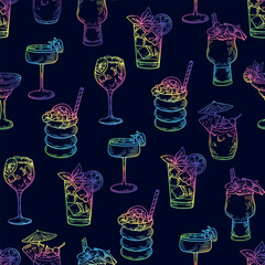 Seamless pattern with hand-drawn cocktail drinks in vintage engraving style on a dark background