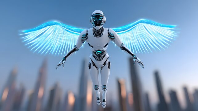 Robot with holographic wings flying over a digital cityscape