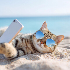 cute cat lying on the beach on vacation with phone and taking selfie