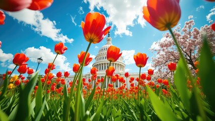 Vibrant red tulips bloom in spring against a background of classical architecture and blue skies on a sunny day