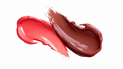 red and brown paint strokes and cosmetics on white background