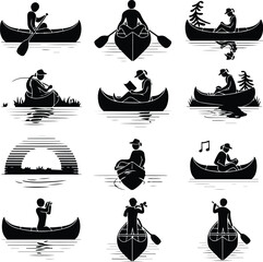 Person in Canoe Icon Silhouette Set – Adventure Paddling Scene Canoeing Silhouette Set – Outdoor Water Travel Icon Collection