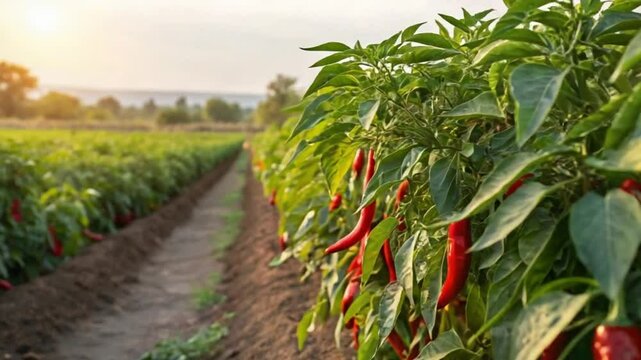Lush Red Chili Peppers Growing in Rows Vibrant Farmland Sunset Agriculture Harvest Spicy Food Ingredients Cooking Organic Farming Fresh Produce Red Hot Chili Peppers Plantations Rows of Chili
