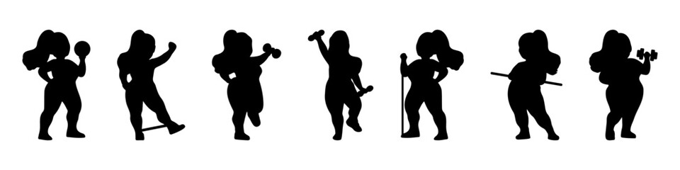 Body positive woman doing fitness silhouette set. Girl with overweight actively doing dumbbells and rubber expanders with gymnastic stick