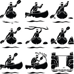 Person in Canoe Icon Silhouette Set – Adventure Paddling Scene Canoeing Silhouette Set – Outdoor Water Travel Icon Collection