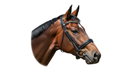 Obraz premium Elegant brown horse head portrait wearing a black bridle, showcasing its muscular neck and glossy