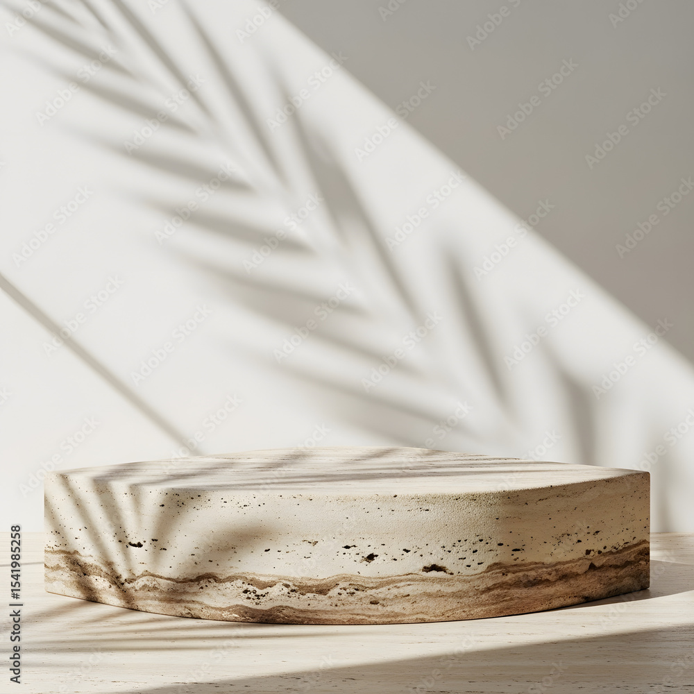 Poster minimalist product display concrete podium with palm leaf shadow backdrop, ideal for presentation an