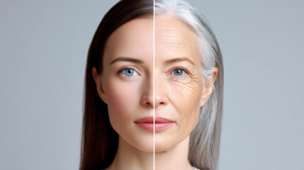 one face of human woman youth and old age .two parts of the face of life aging human comparison two halves.