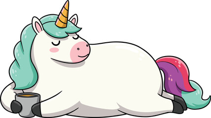 Relaxed Chubby Cartoon Unicorn Lying Down and Sipping Coffee, Illustrating Comfort, Relaxation, and Magical Cozy Moments.