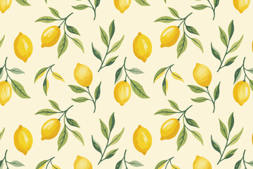 Fresh Lemon and Green Leaves Seamless Pattern Vibrant Citrus Illustration