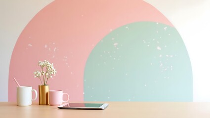 A Simple Workspace Setup With Coffee Notebook and Plant on a Wooden Desk Against a Brick Wall Background