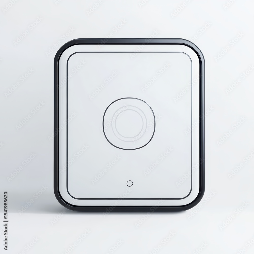 Poster a sleek, modern square device with rounded edges and a central circular design, featuring minimalist