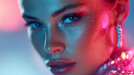 portrait of beautiful girl model in studio with glitter in neon color