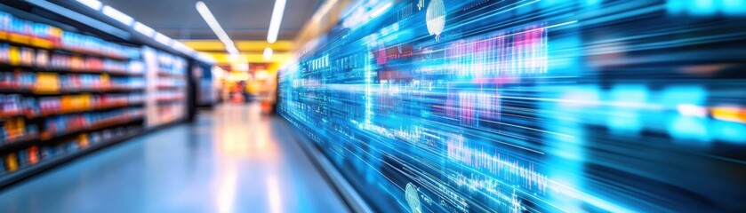 A digitally enhanced supermarket aisle showcasing shelves stocked with products and vibrant blue data streams representing technological integration in retail.