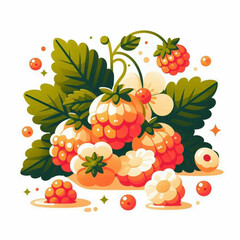 A collection of raspberries with white flowers and green leaves