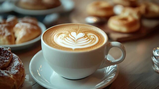 Close up of a cappuccino with latte art and pastries on a wooden table in a cafe setting indoors