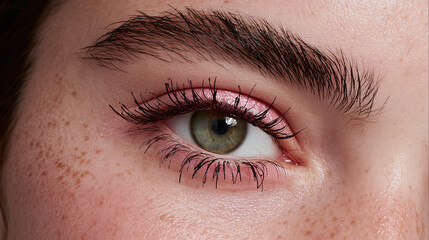 Fototapeta premium Closeup of green eye with long eyelashes and natural eyebrow, soft skin texture with freckles and subtle pink eyeshadow creating gentle and calm expression