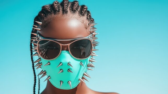 An edgy, stylish individual sporting a spiked mask and sunglasses stands against a vibrant blue background, blending fashion with a powerful statement about personal expressions.