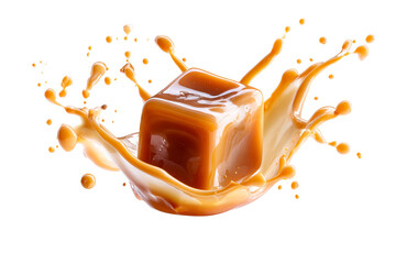 Liquid caramel splash with ice cube on transparent background
