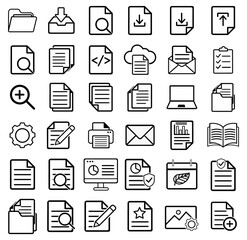 Collection of black line icons various office and productivity tools including folders downloads search documents settings and more. Set is grid format showcasing of digital workspace symbol.