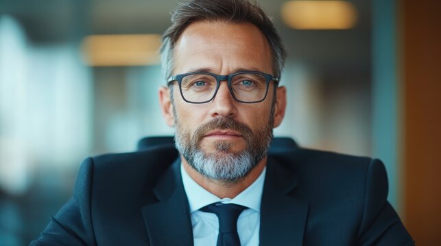 A focused businessman in formal attire and glasses exuding confidence and professionalism, capturing the essence of corporate culture and leadership.