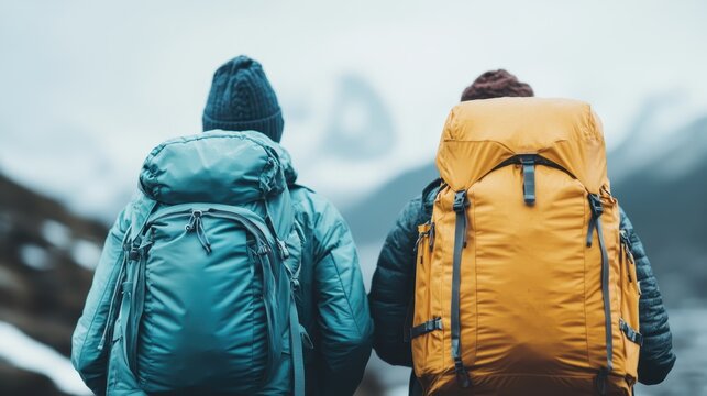Two backpackers in colorful gear gazing at the mountains, symbolizing adventure, exploration, and the spirit of the outdoors against a breathtaking backdrop.