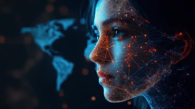 Side profile of a woman's face with digital network overlay and blurred world map background