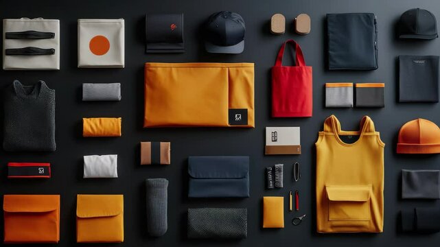 Assorted bags wallets and accessories neatly arranged on a dark background for a product display