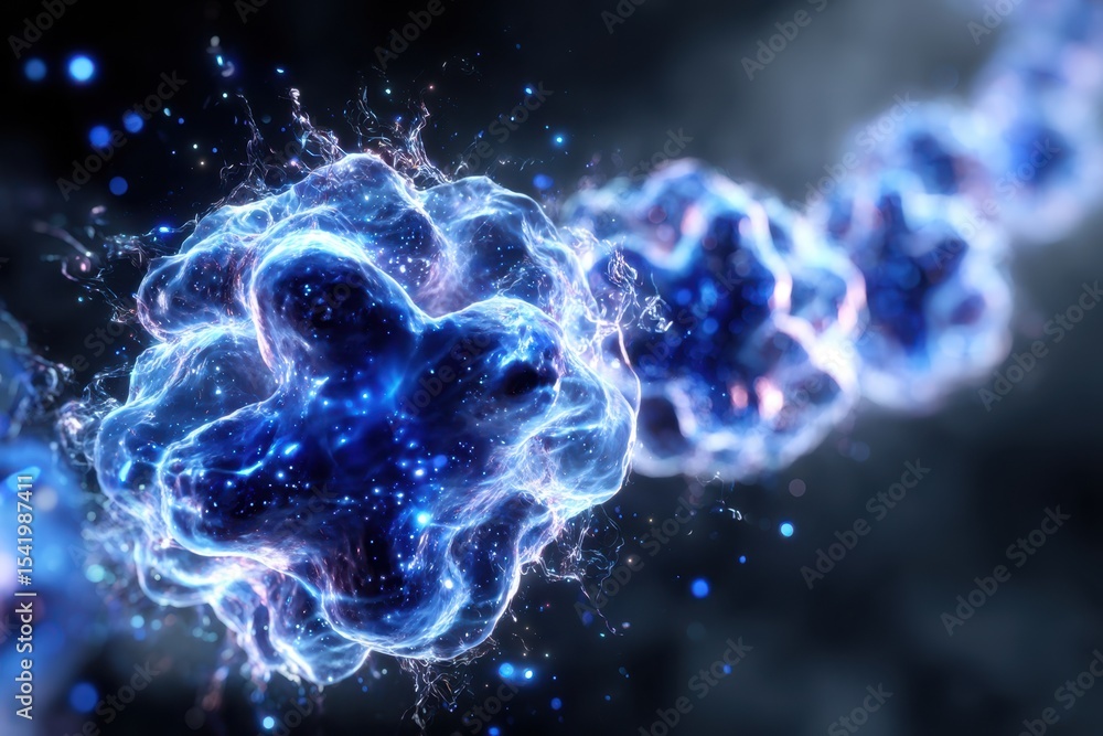 Poster molecular structure illuminated with blue light swirls in an abstract representation