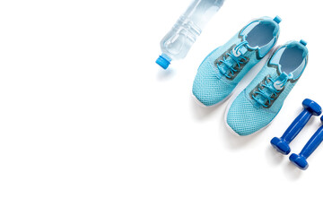 Fitness sports equipment flat lay. Healthy living and wellness concept