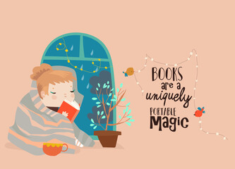 Girl reading book by window with rain