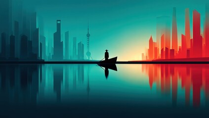 Boat on Water with Cityscape