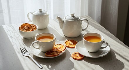 Fototapeta premium White tea set with orange slices on table in natural light 