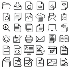 Collection of black line icons various office and productivity tools including folders downloads search documents settings and more. Set is grid format showcasing of digital workspace symbol.