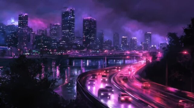 Futuristic city skyline glowing with purple neon lights and moving traffic at night seamless looping 4k time-lapse animation video background. Urban concept - Powered by Adobe