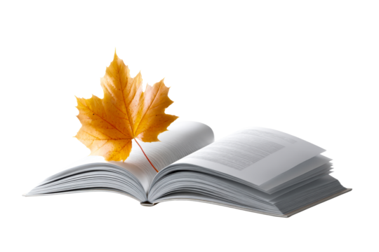Open book with a yellow maple leaf on a transparent background