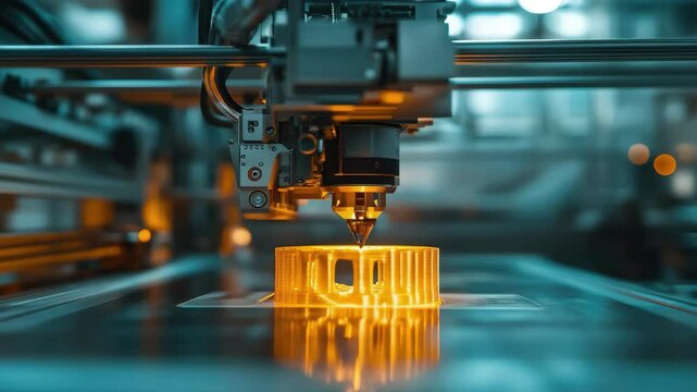 Close up of a d printer creating a yellow object with intricate design on a reflective surface