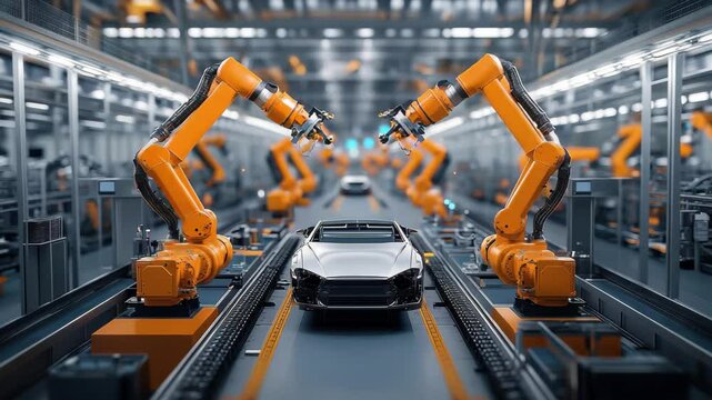 Automated car manufacturing line with robotic arms assembling a vehicle in a modern factory setting